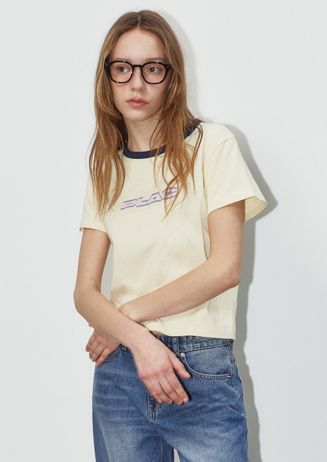 [앨리스펑크 pick&#039;s]컬러 포인트 로고 크롭 티셔츠 라이트 옐로우